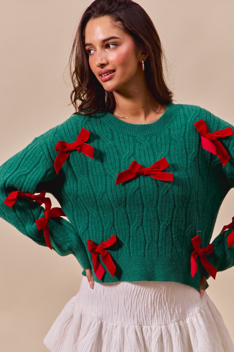 Hunter Green Christmas Sweater With Red Bows (S-XL)