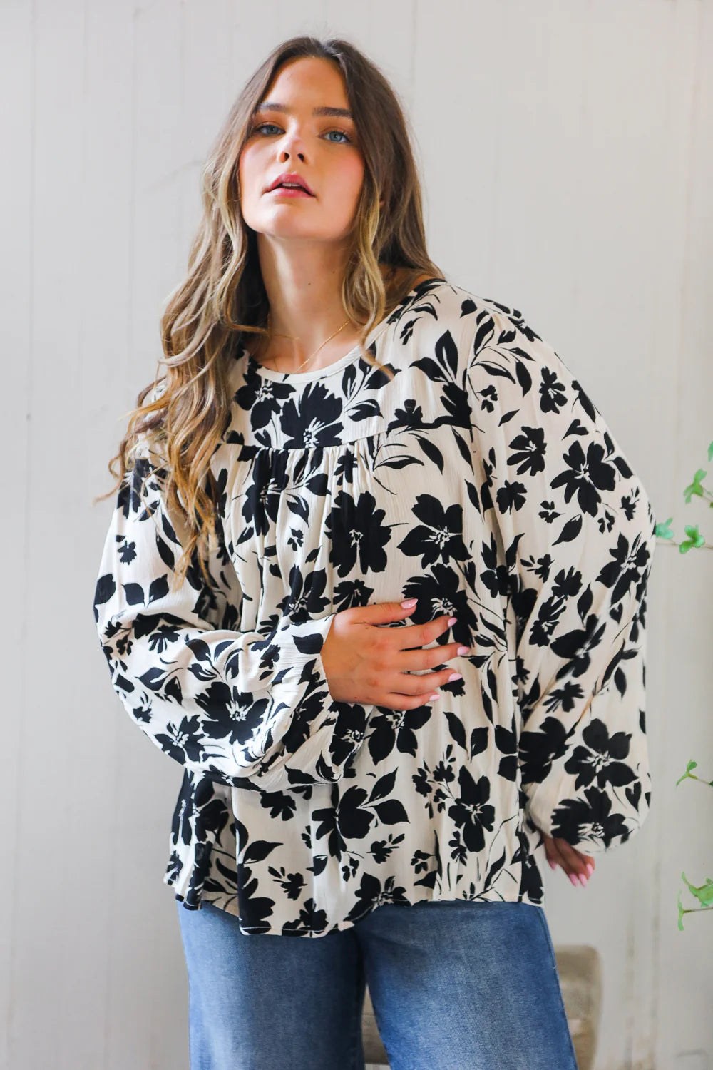 Inkwell Petals Long Sleeve Blouse (1X-3X)