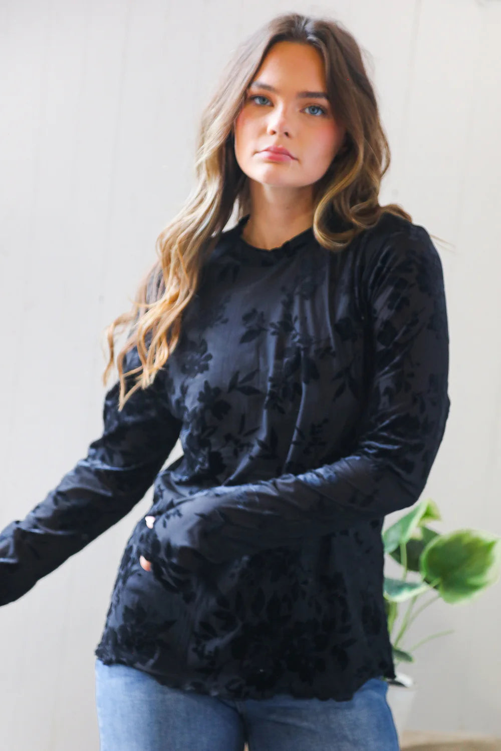 Velvet Petal Mesh Long Sleeve Top (1X-3X)