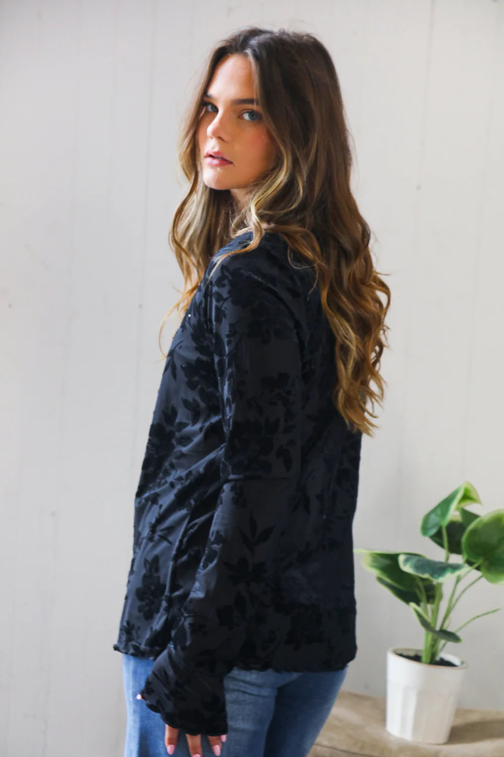 Velvet Petal Mesh Long Sleeve Top (1X-3X)
