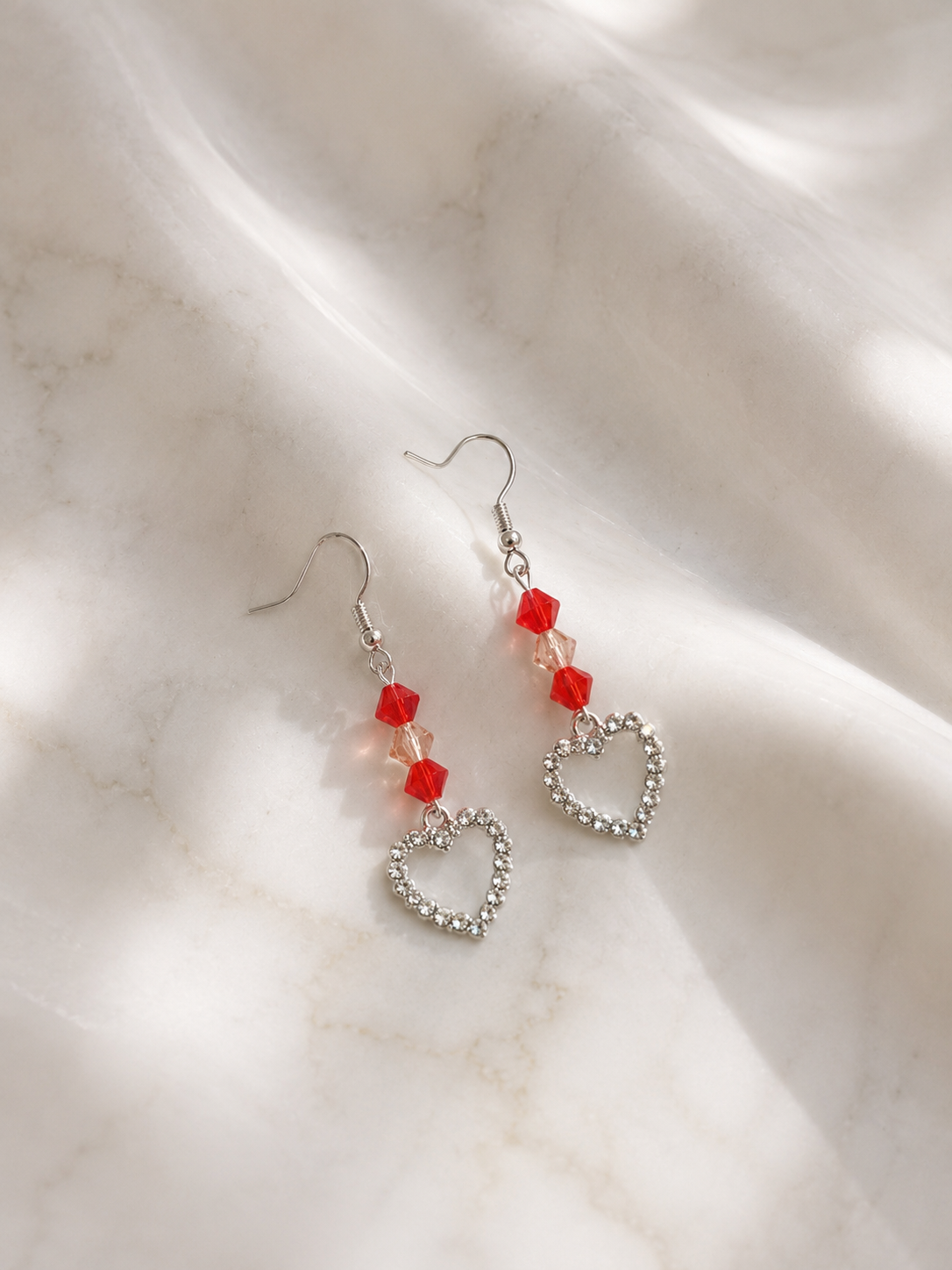 Beaded Rhinestone Heart Dangle Earrings