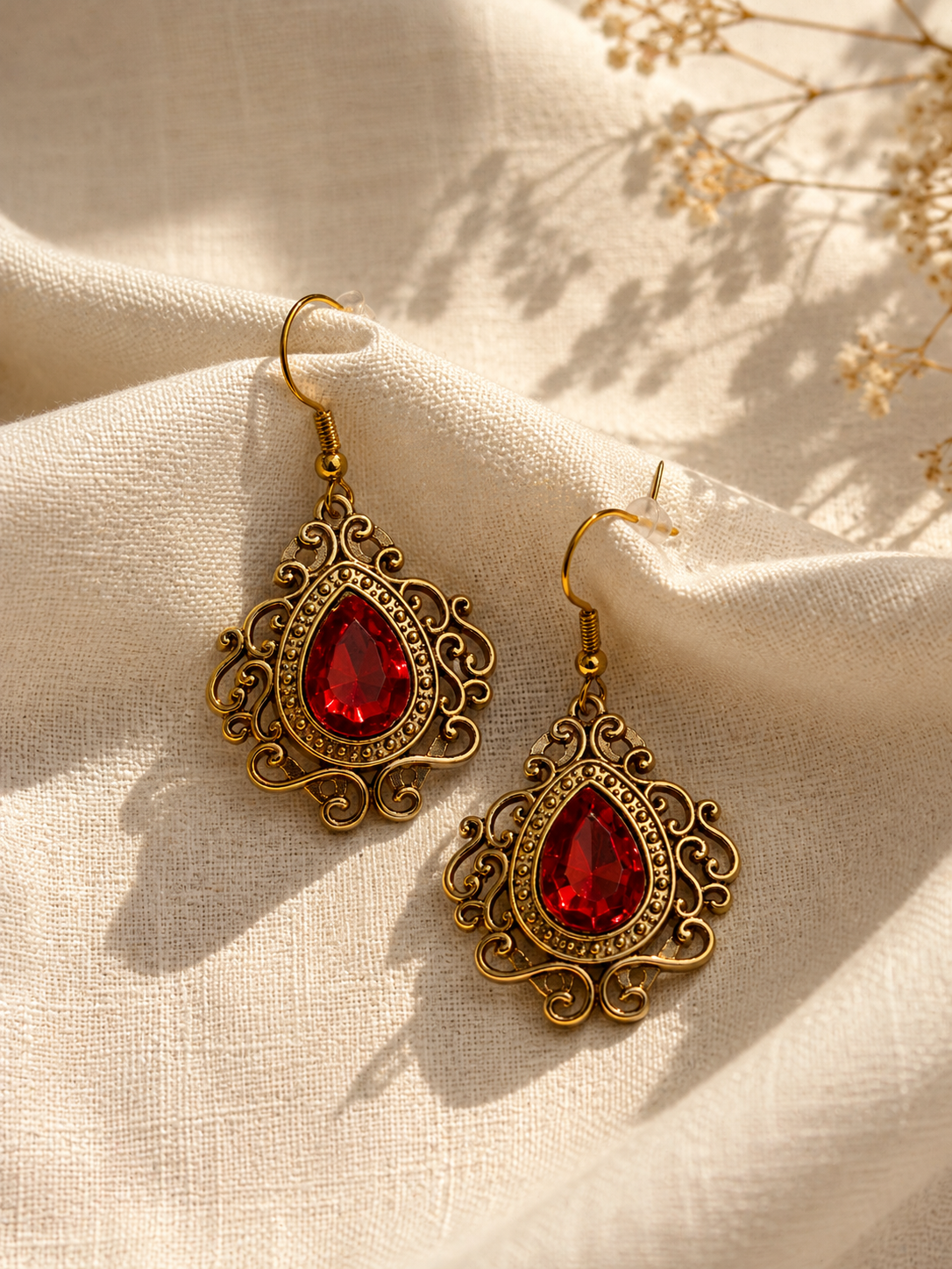 Vintage Inspired Ruby Red Filigree Earrings