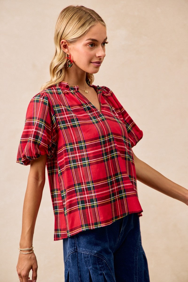 Short Sleeve Christmas Red Plaid Blouse (S-3X)
