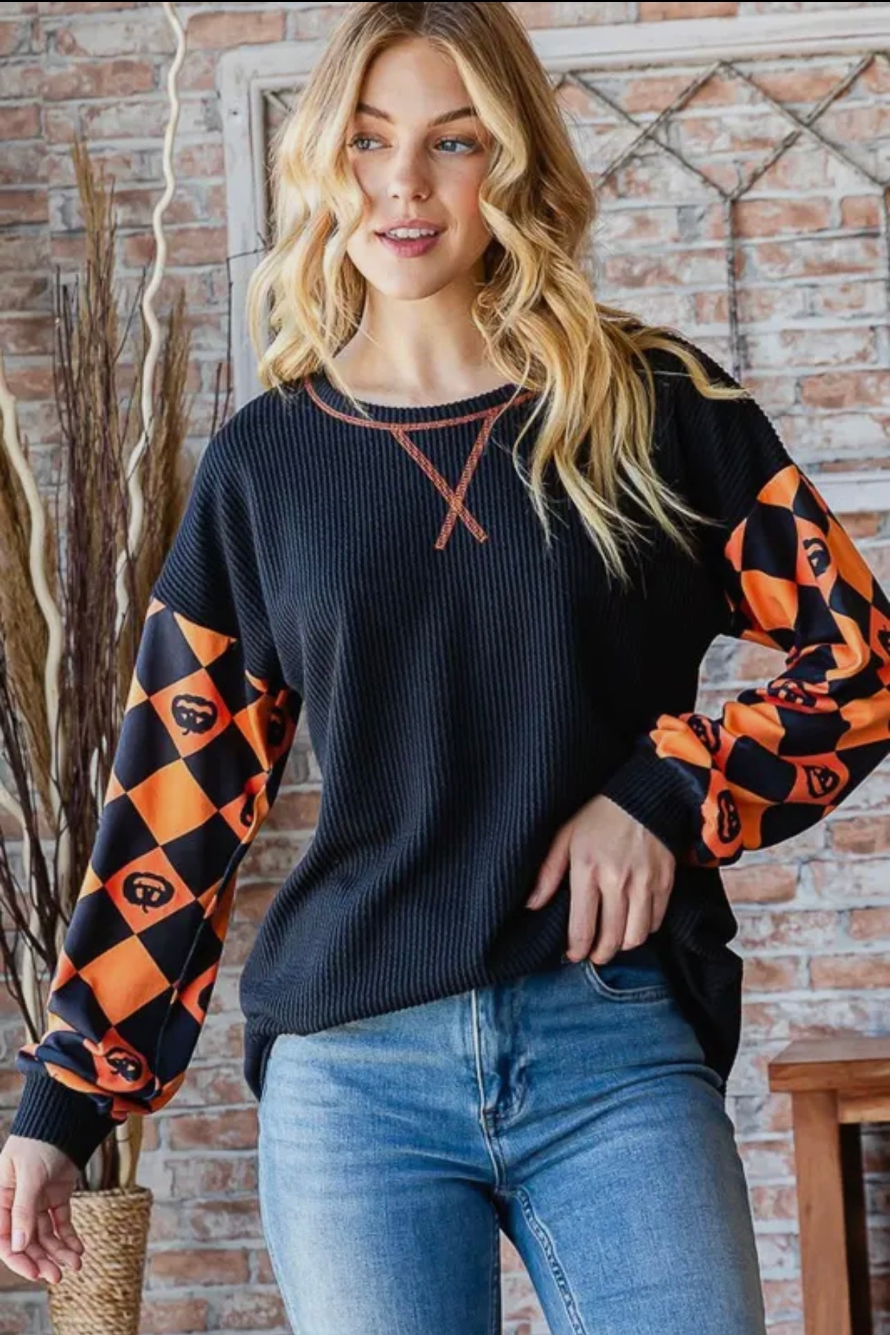 Spooky Season Plaid Waffle Knit Top (S-3X)