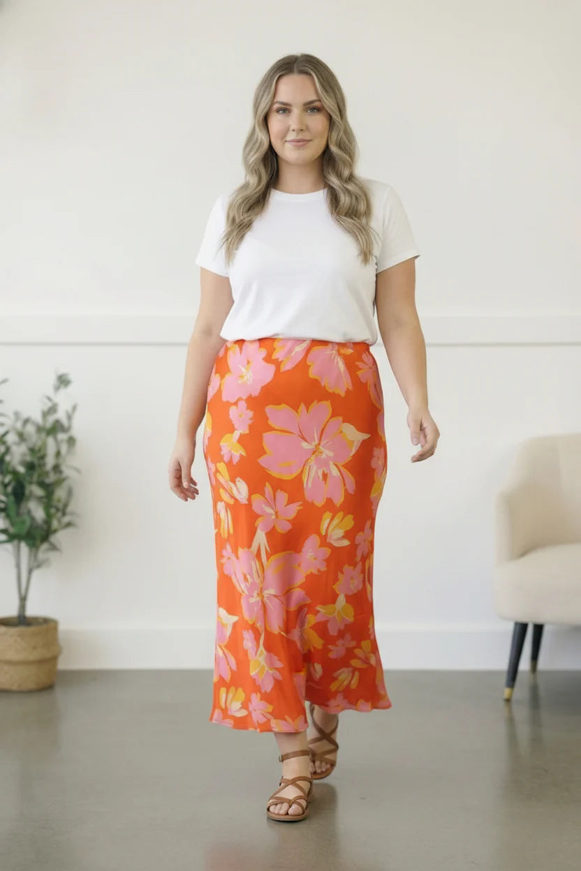 Pink Palms Midi Skirt (1X-3X)