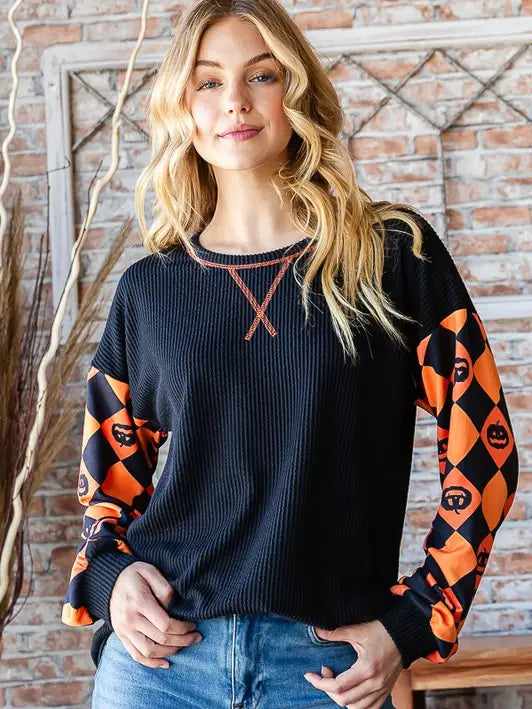Spooky Season Plaid Waffle Knit Top (S-3X)