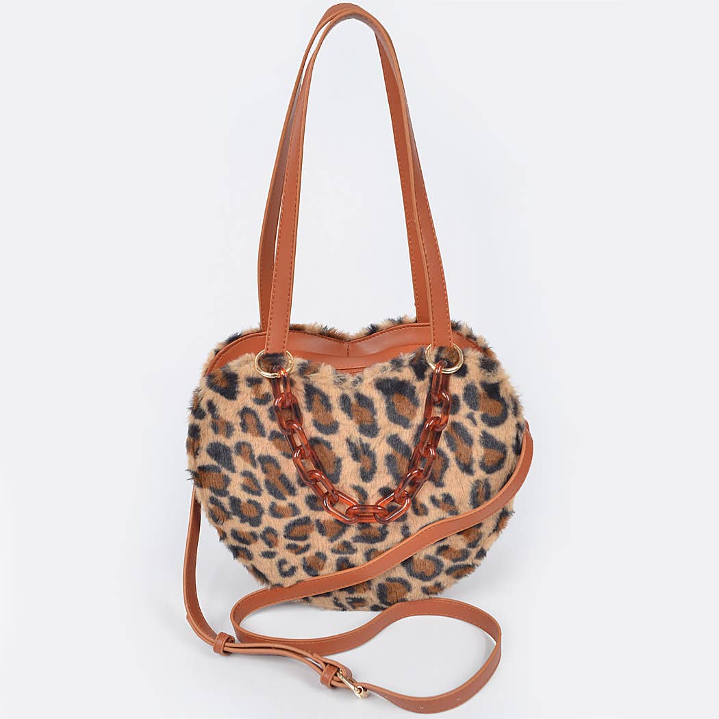 Cheetah Faux Fur Heart Shape Shoulder Bag