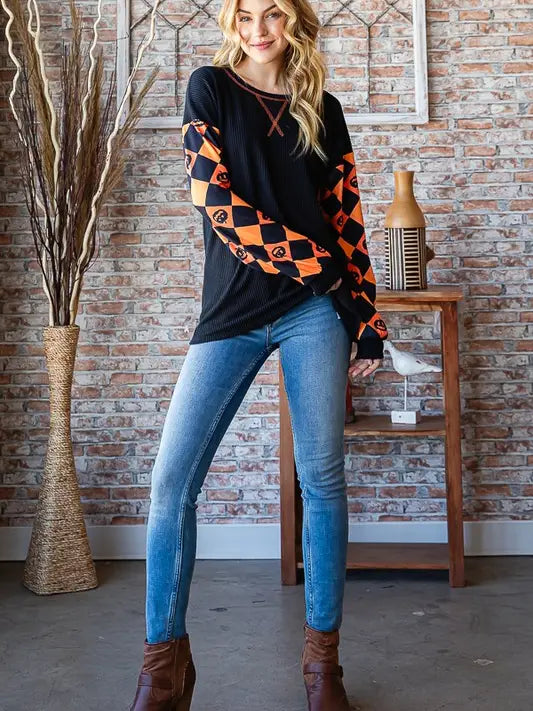 Spooky Season Plaid Waffle Knit Top (S-3X)