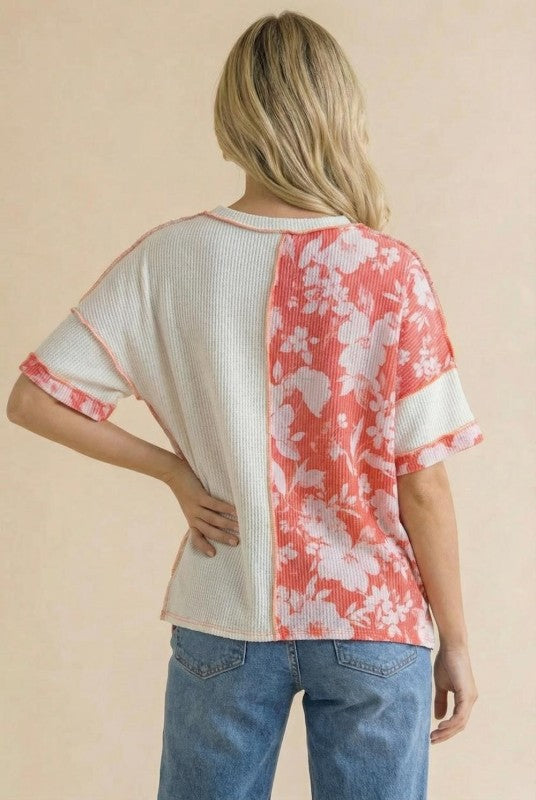 Coral Wildflower Patchwork Top (S-3X)