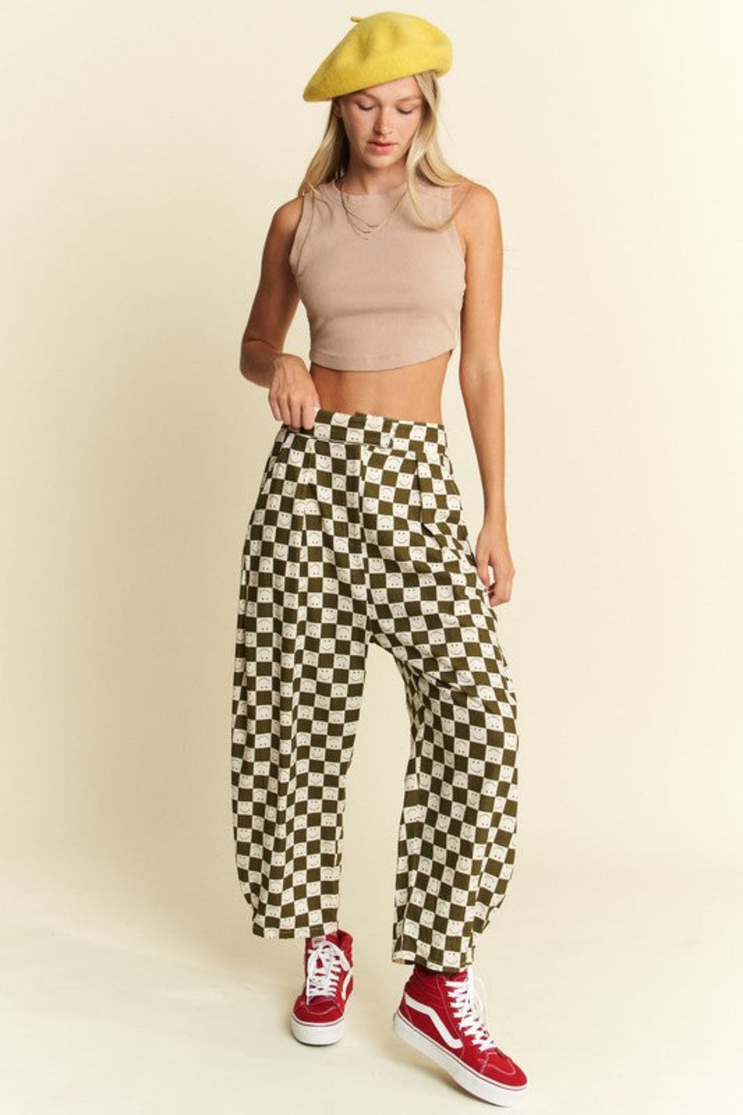 Olive You Checkered Barrel Pants (S-3X)