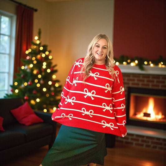 Red and White Bow Stripes Christmas Sweater (1X-3X)