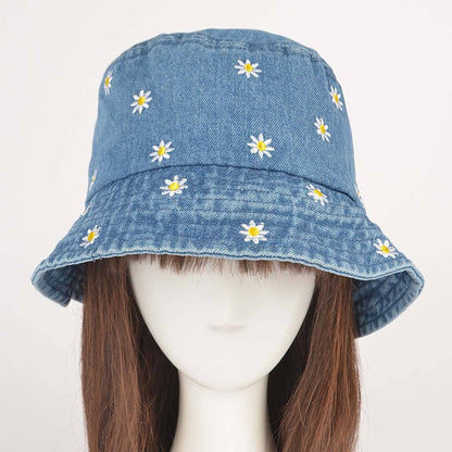 Dark Denim Flower Embloidery Bucket Hat: MBL