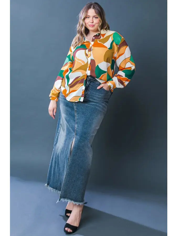 Abstract Autumn Button Down Top (1X-3X)