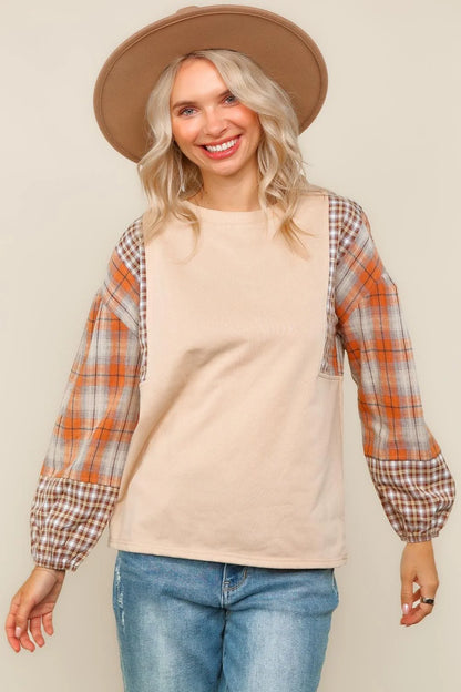 Plaid Sleeve Fall Top (S-3X)