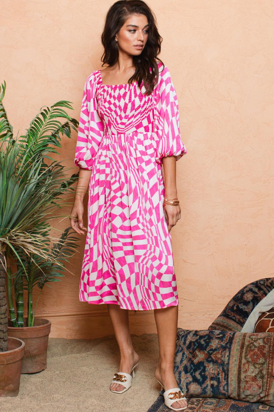 Pink Checkered Daydream Midi Dress (S-L)
