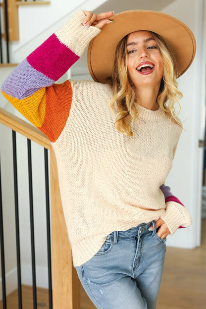 Bright Stripe Balloon Sleeve Knit Sweater (1X-3X)