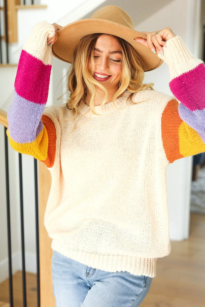 Bright Stripe Balloon Sleeve Knit Sweater (1X-3X)