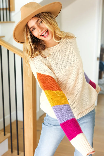 Bright Stripe Balloon Sleeve Knit Sweater (1X-3X)