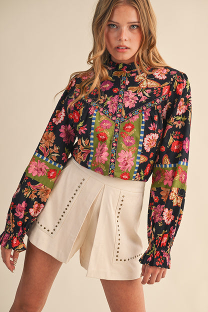 Midnight Garden Ruffle Blouse (S-L)