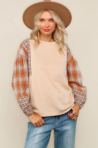 Plaid Sleeve Fall Top (S-3X)
