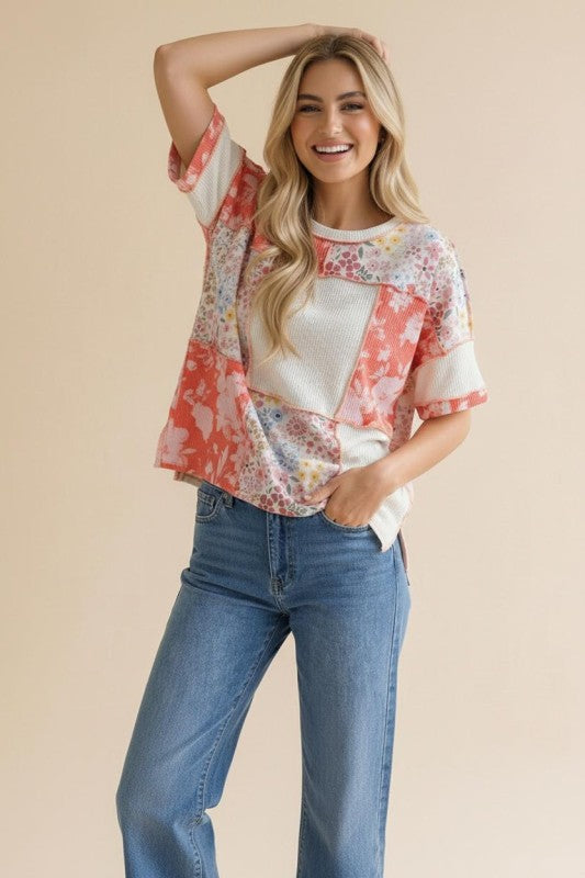 Coral Wildflower Patchwork Top (S-3X)