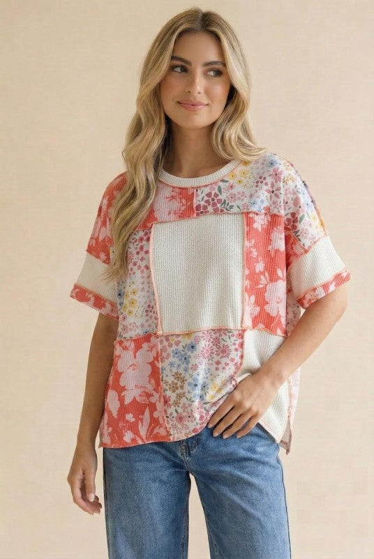 Coral Wildflower Patchwork Top (S-3X)
