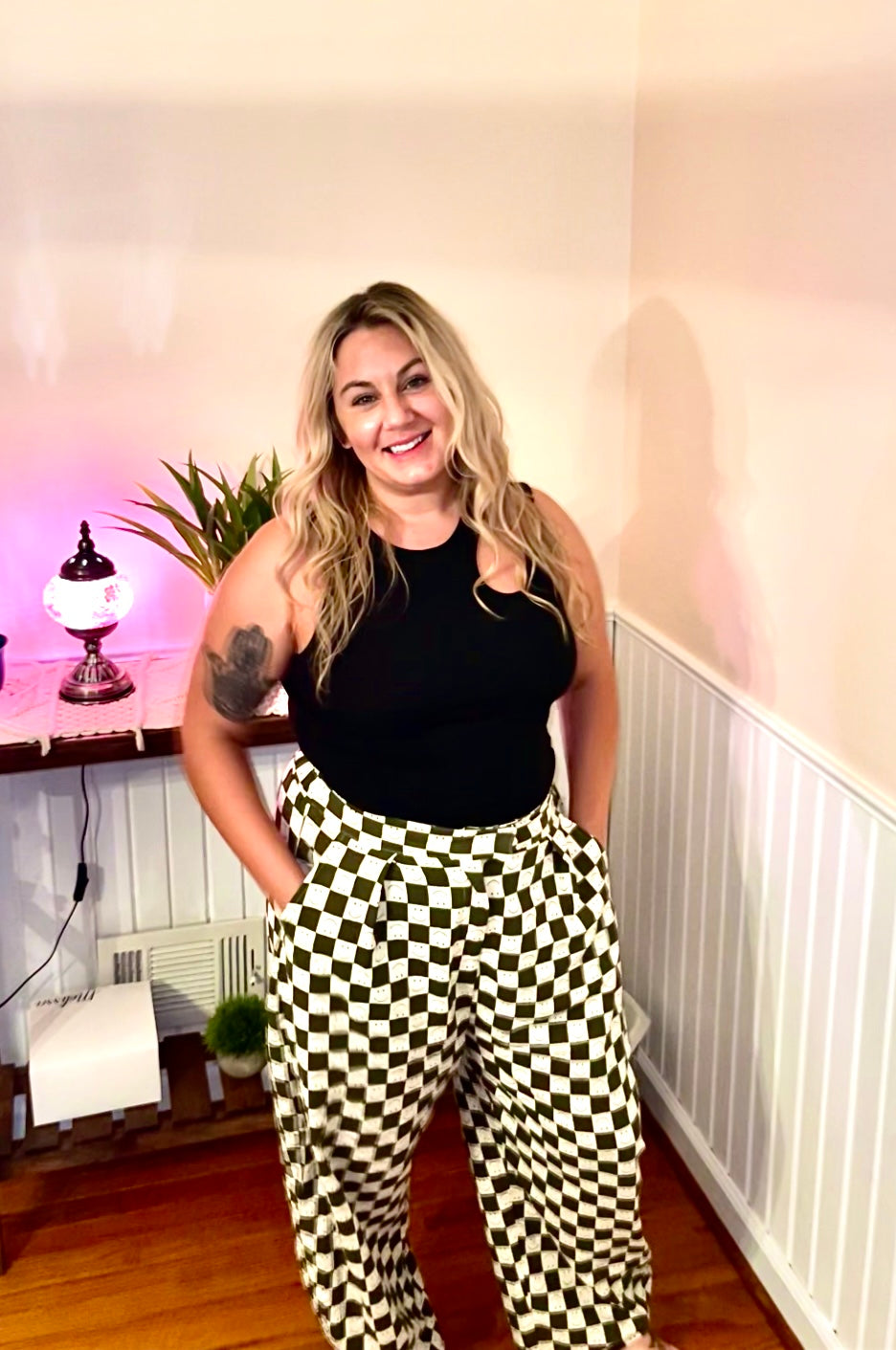 Olive You Checkered Barrel Pants (S-3X)