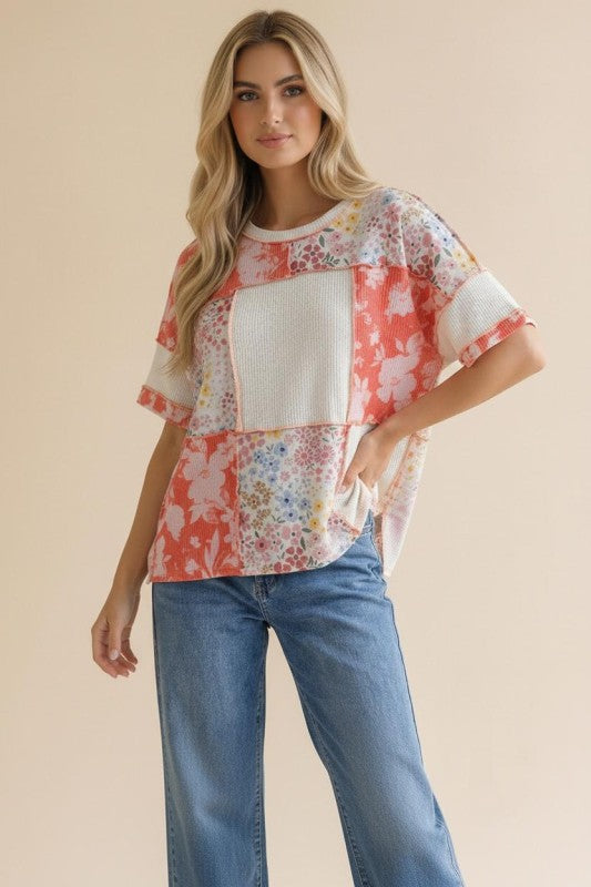 Coral Wildflower Patchwork Top (S-3X)