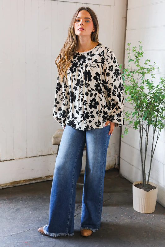 Inkwell Petals Long Sleeve Blouse (1X-3X)
