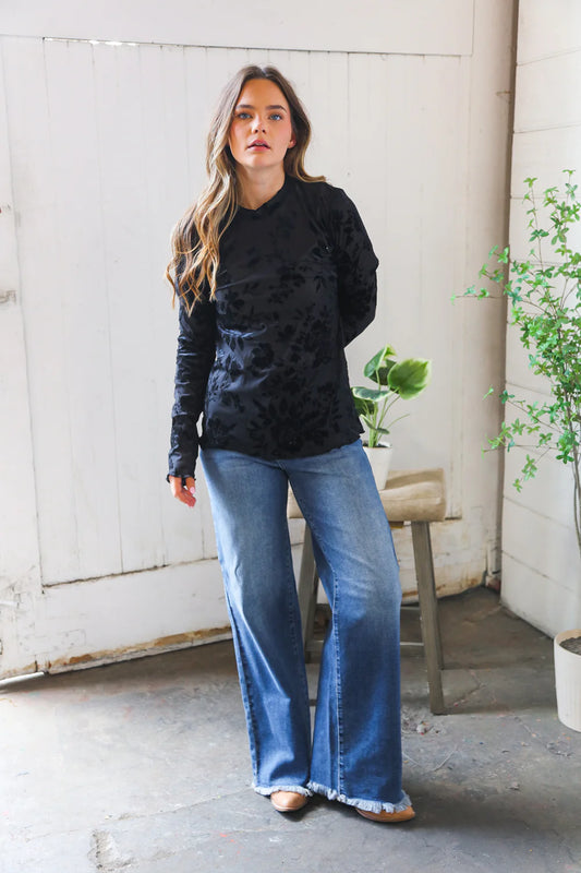 Velvet Petal Mesh Long Sleeve Top (1X-3X)