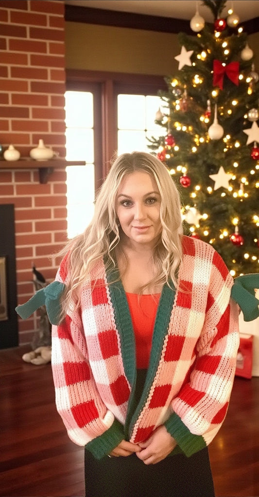 Pink and Red Plaid Christmas Cardigan (S-3X)