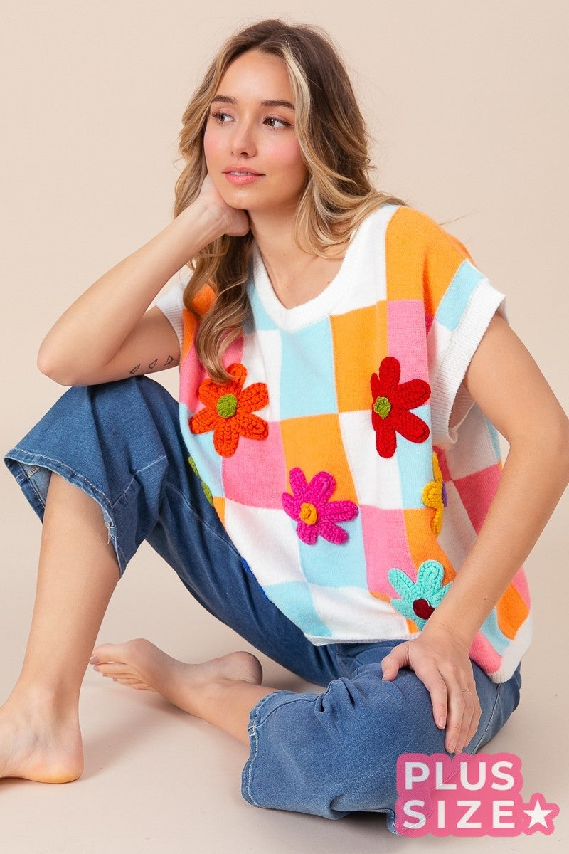 Daisy Patch Colorblock Knit Top (1X-3X)