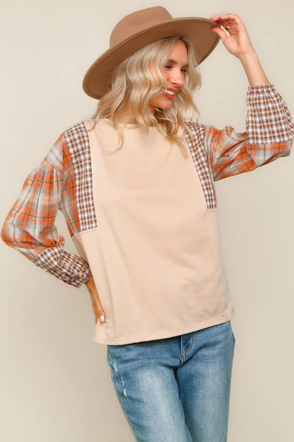 Plaid Sleeve Fall Top (S-3X)
