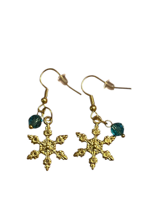 Gold & Teal Blue Snowflake Dangle Earrings