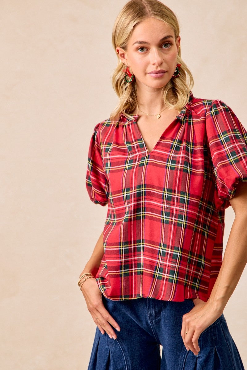 Short Sleeve Christmas Red Plaid Blouse (S-3X)