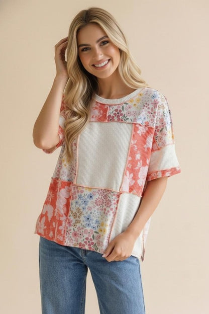 Coral Wildflower Patchwork Top (S-3X)