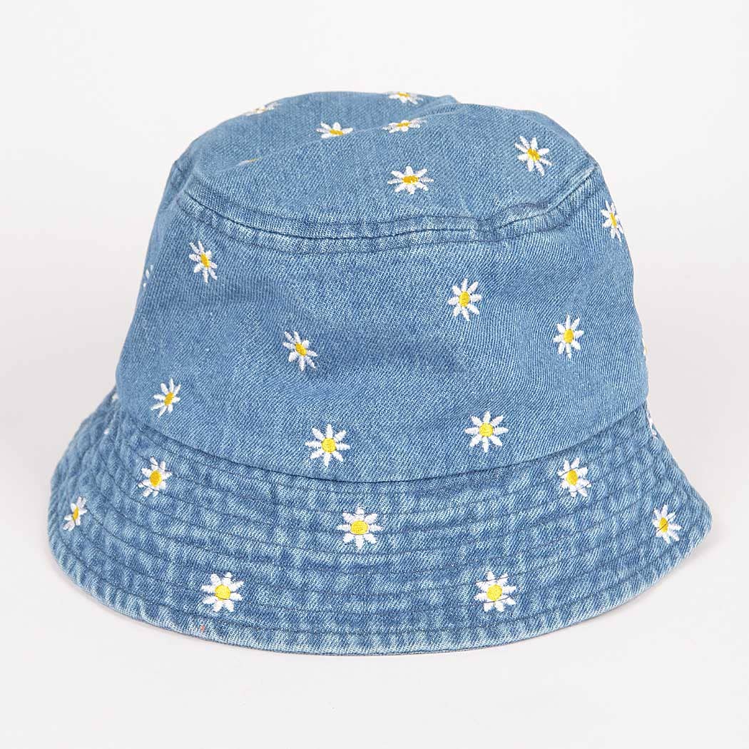 Dark Denim Flower Embloidery Bucket Hat: MBL