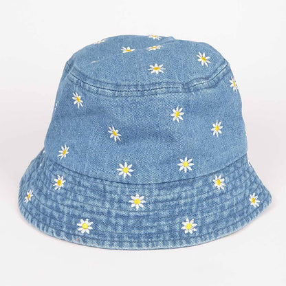 Dark Denim Flower Embloidery Bucket Hat: MBL