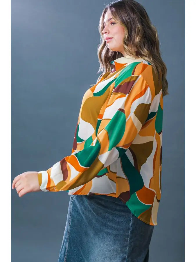 Abstract Autumn Button Down Top (1X-3X)