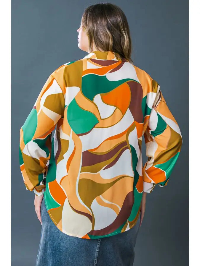 Abstract Autumn Button Down Top (1X-3X)