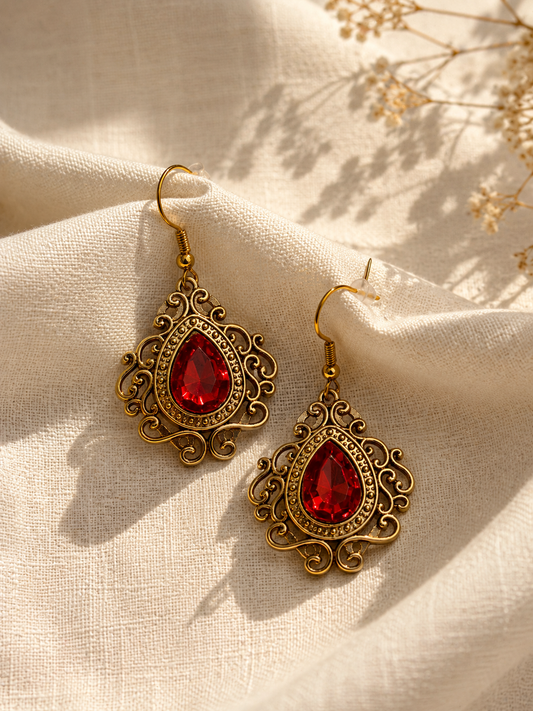 Vintage Inspired Ruby Red Filigree Earrings