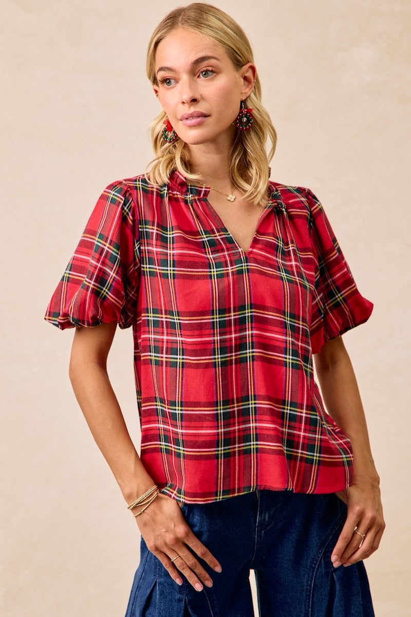 Short Sleeve Christmas Red Plaid Blouse (S-3X)