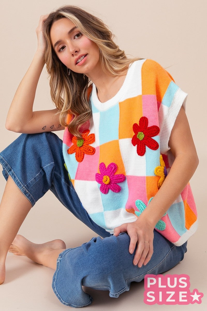 Daisy Patch Colorblock Knit Top (1X-3X)