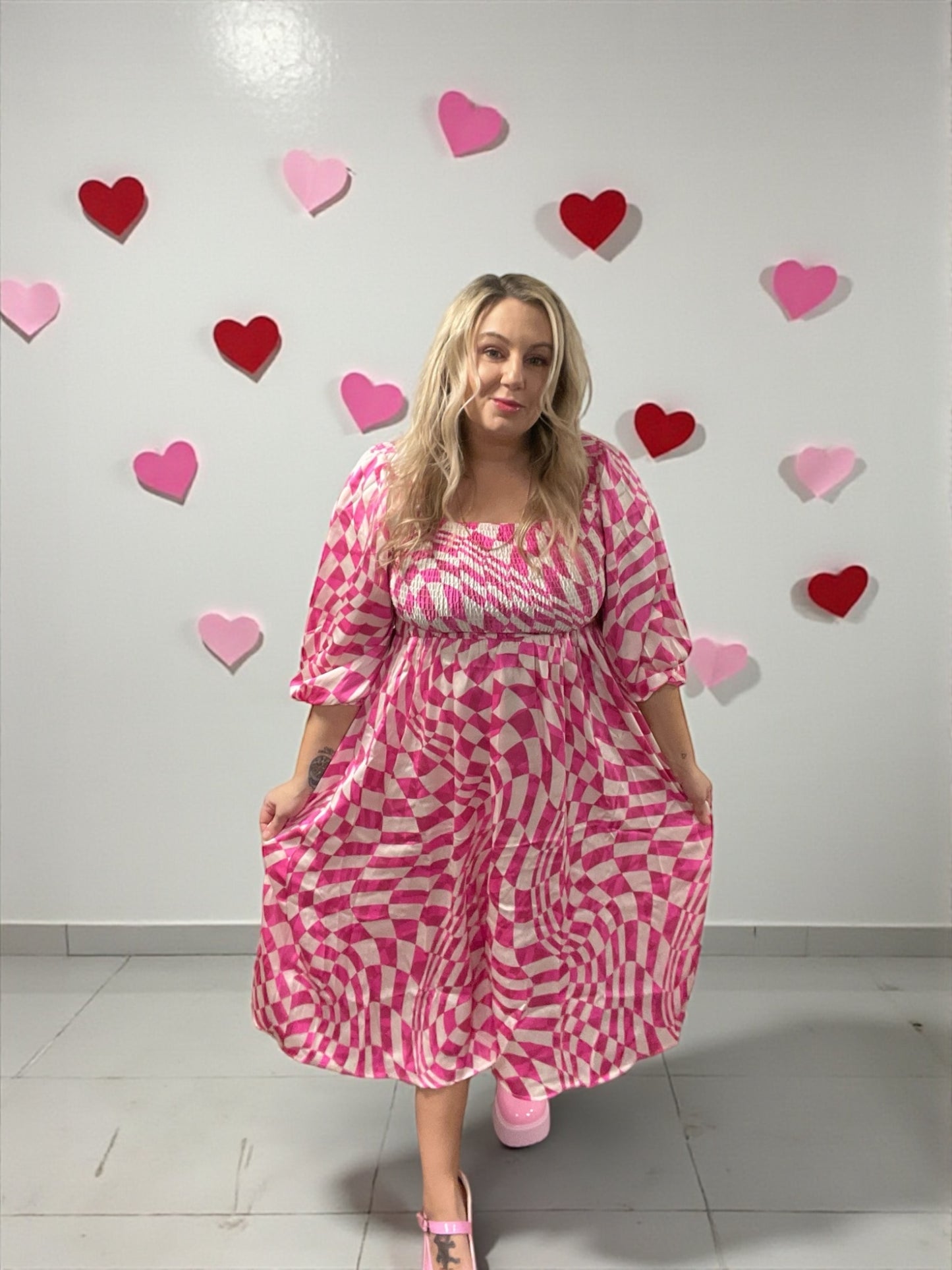 Pink Checkered Daydream Midi Dress (S-L)