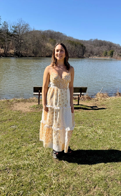 Golden Bloom Butter Yellow Patchwork Midi Dress (S-L)