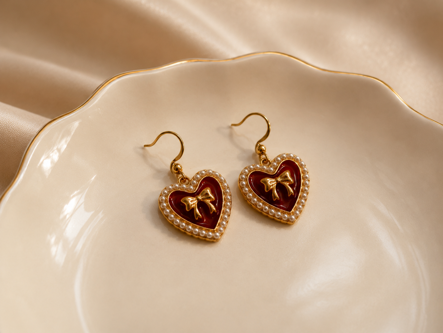 Heart and Bow Pearl Accented Dangle Earrings