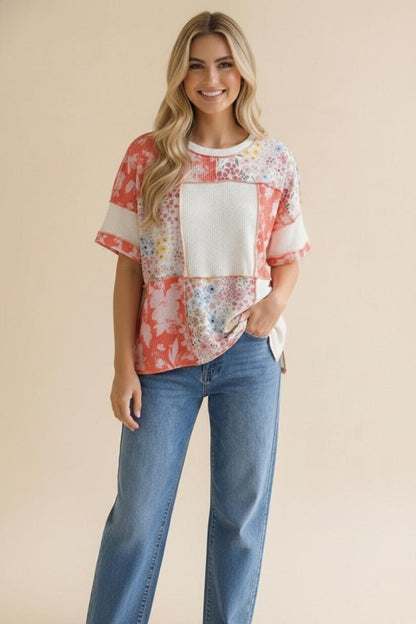 Coral Wildflower Patchwork Top (S-3X)