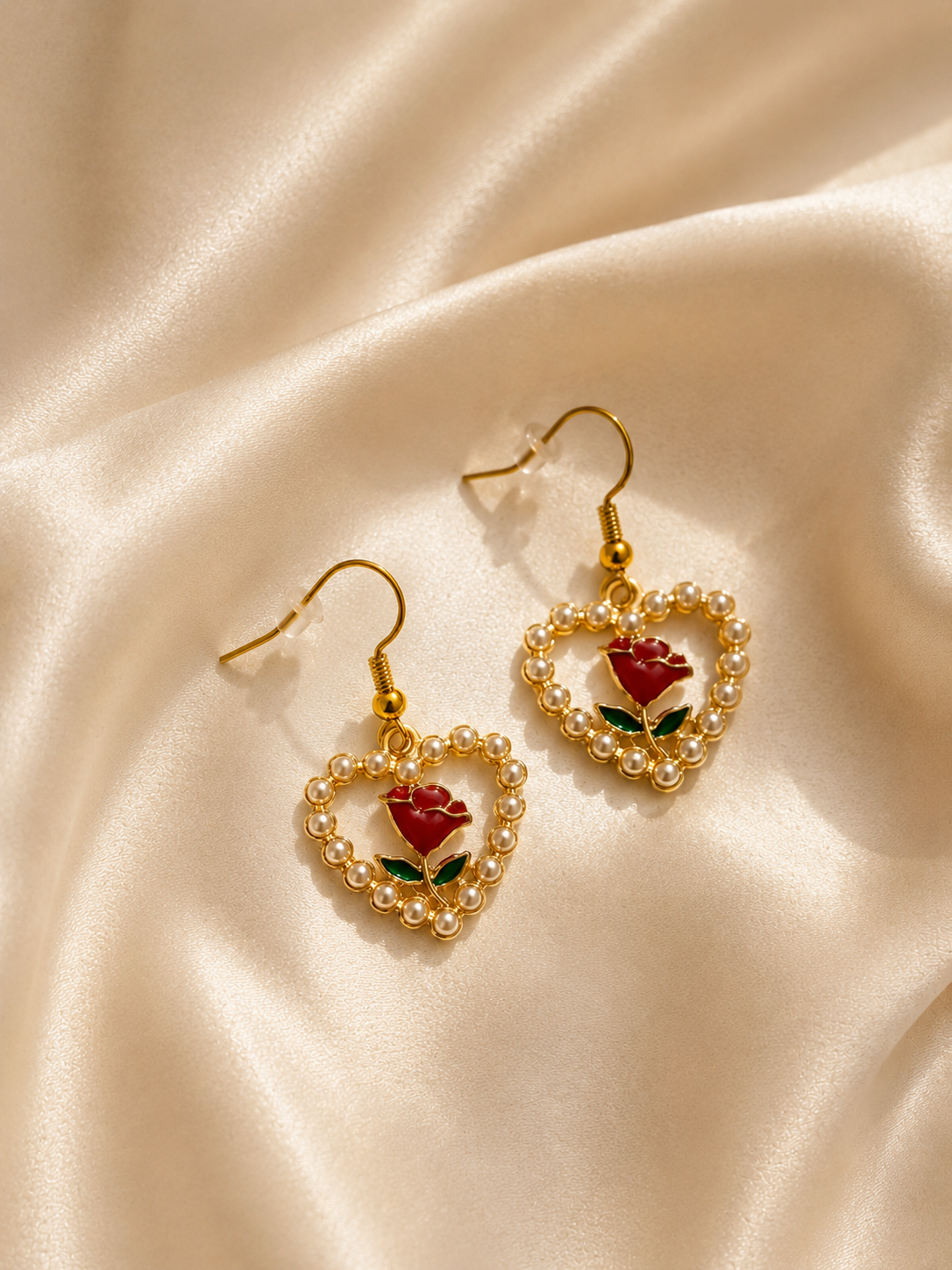 Romantic Rose Pearl Heart Earrings