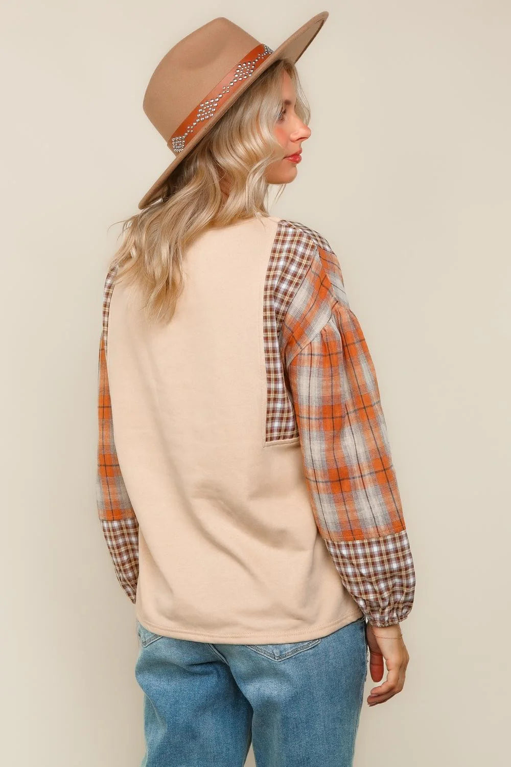 Plaid Sleeve Fall Top (S-3X)