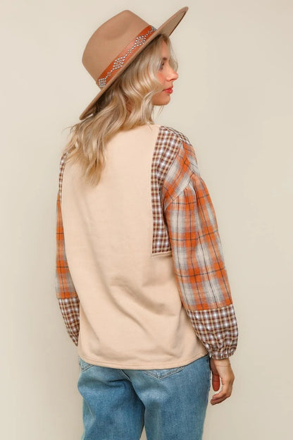 Plaid Sleeve Fall Top (S-3X)